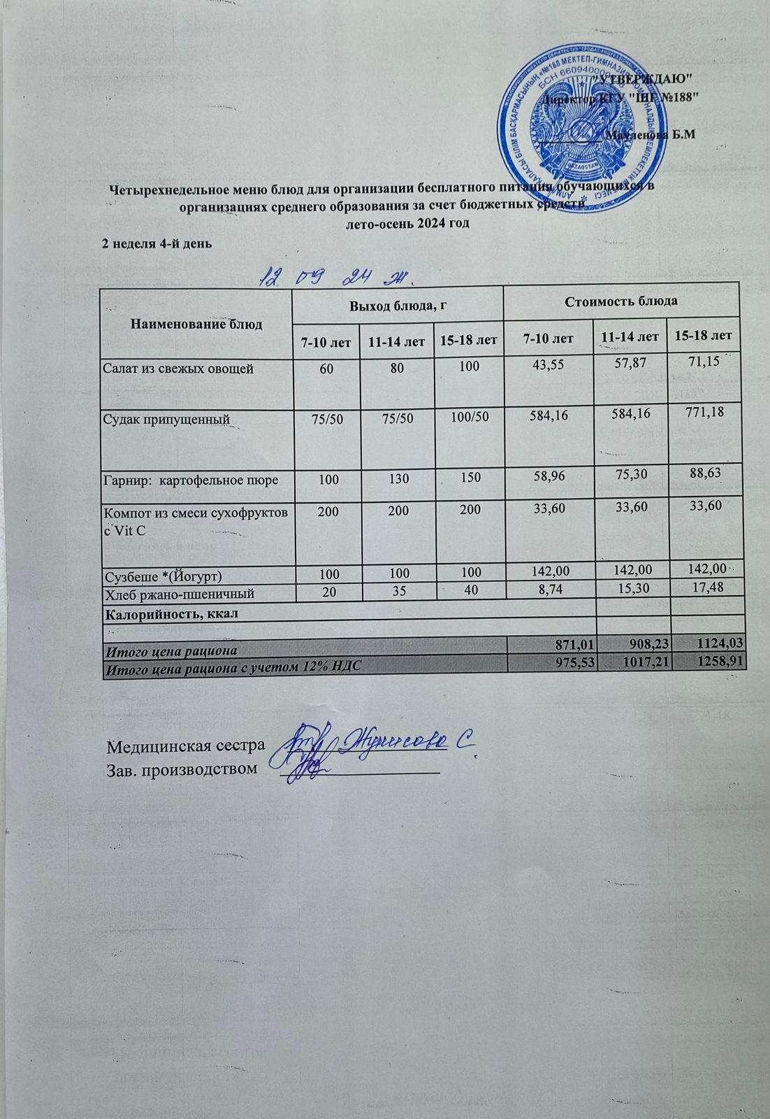 Күнделікті меню 12.09.2024