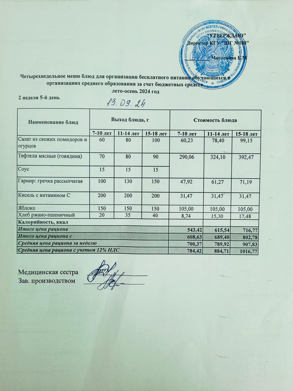 Күнделікті меню 13.09.2024