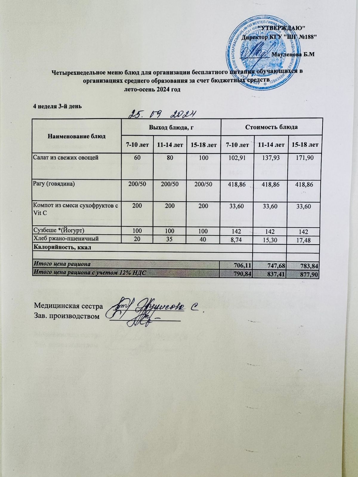 Күнделікті меню 25.09.2024