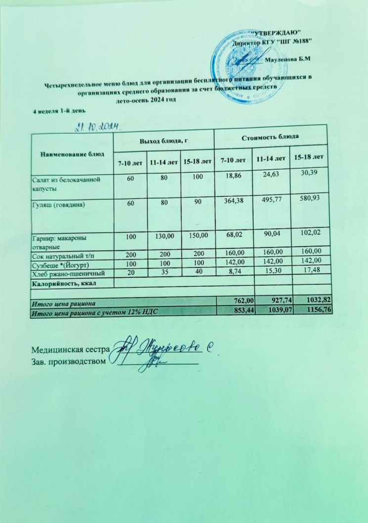 Күнделікті меню 21.10.2024