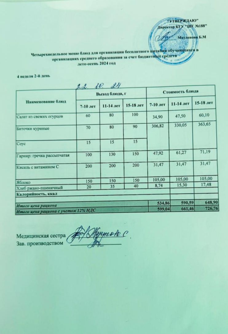 Күнделікті меню 22.10.2024