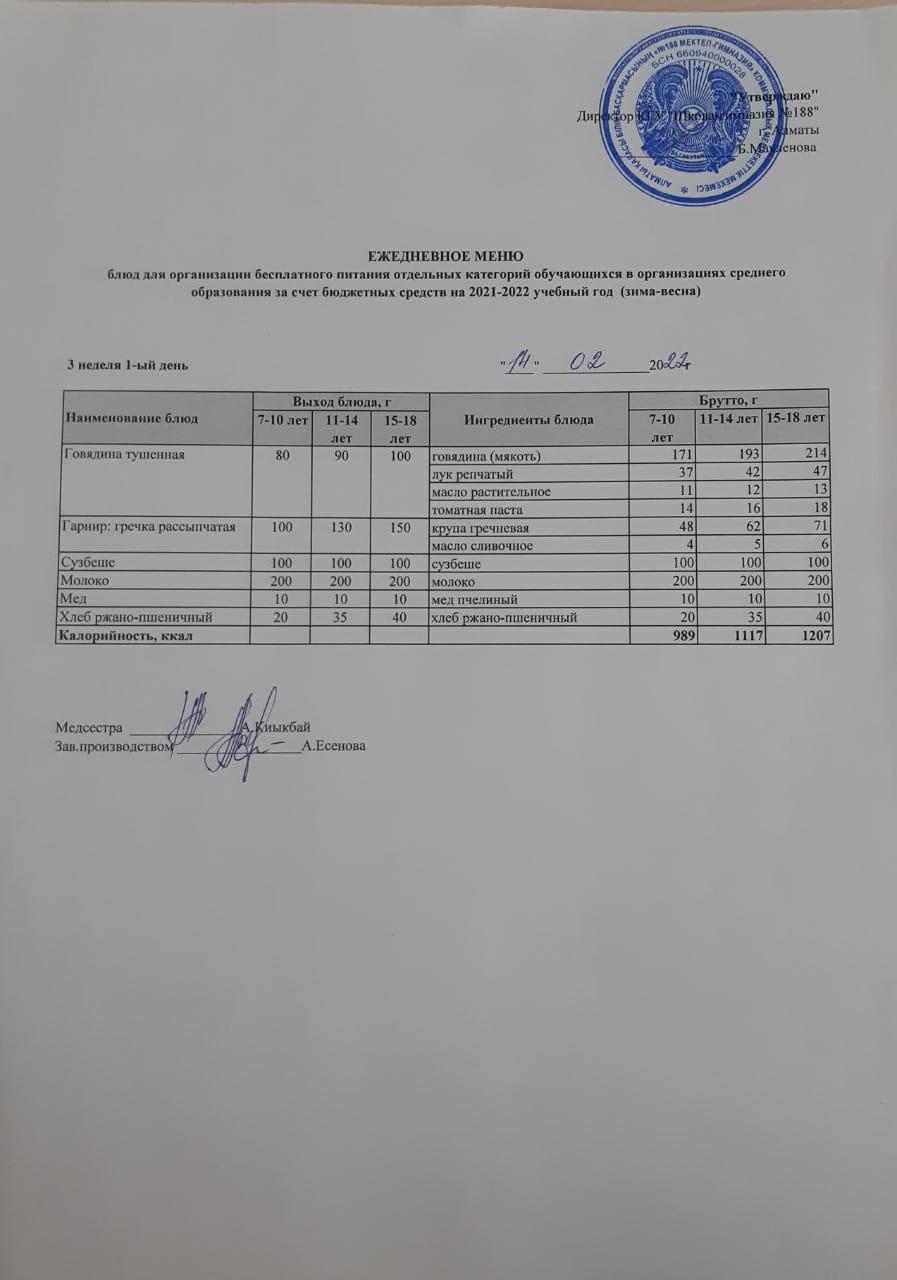 Күнделікті меню 14.02.2022
