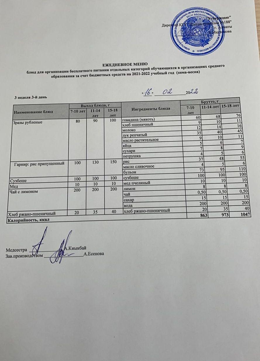 Күнделікті меню 16.02.2022