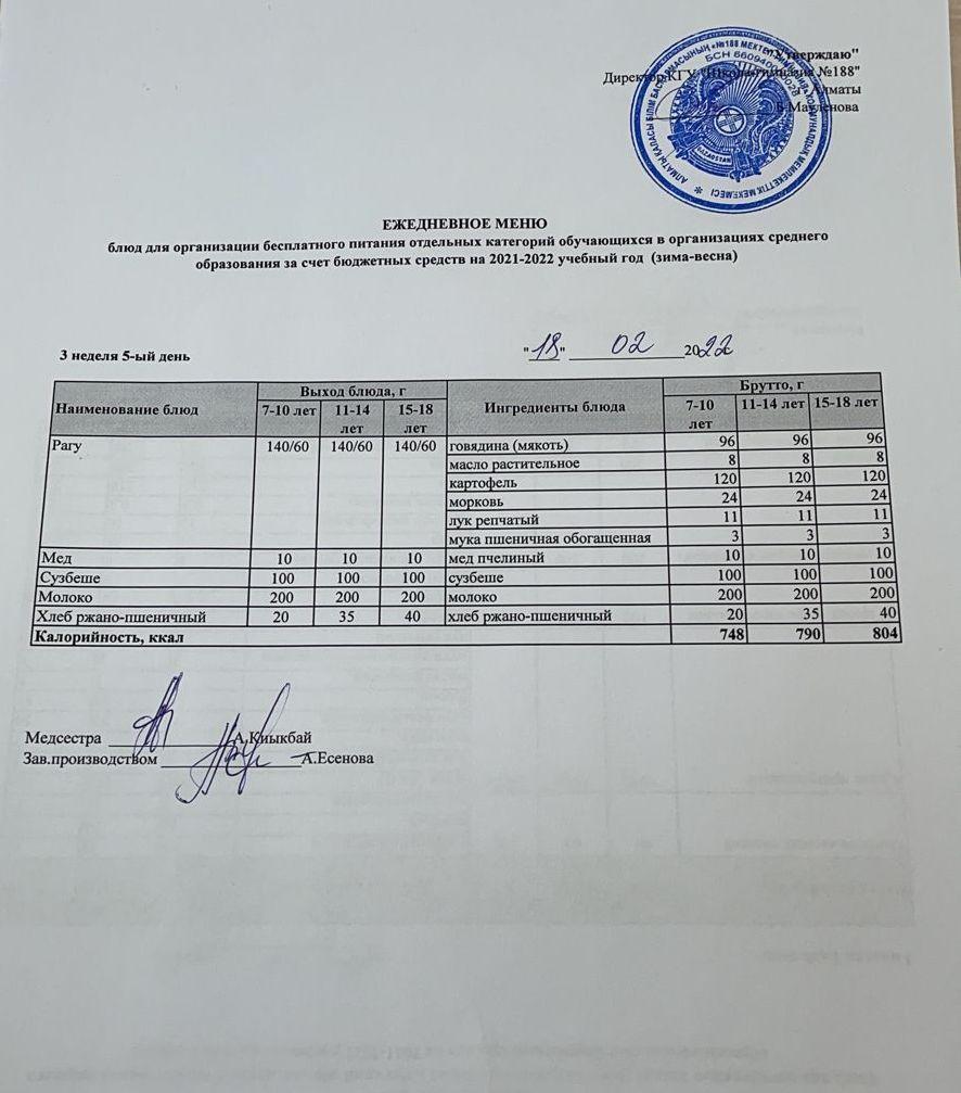 Күнделікті меню 18.02.2022