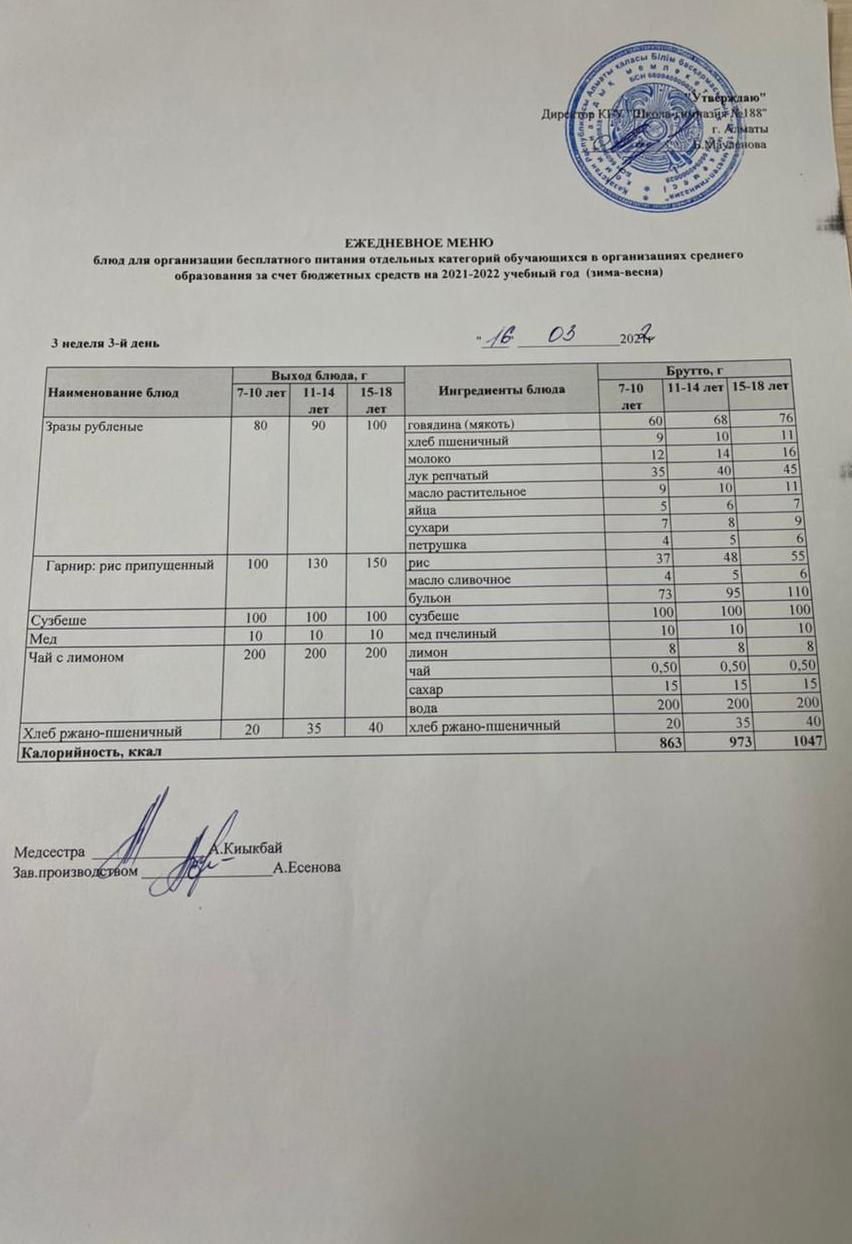 Күнделікті меню 16.03.2022