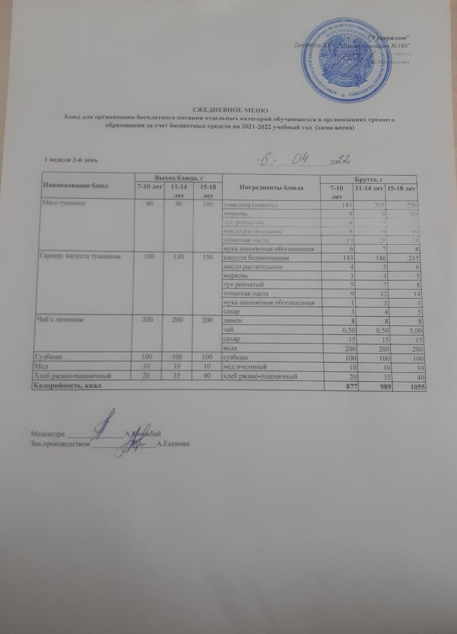 Күнделікті меню 06.04.2022