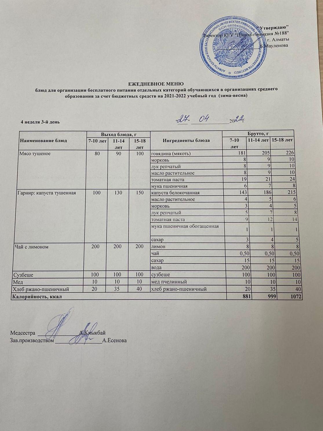 Күнделікті меню 27.04.2022