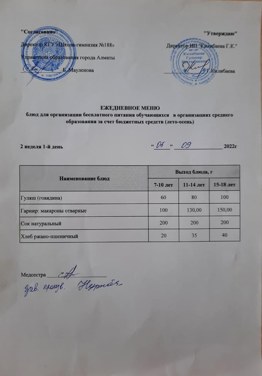 Күнделікті меню 05.09.2022