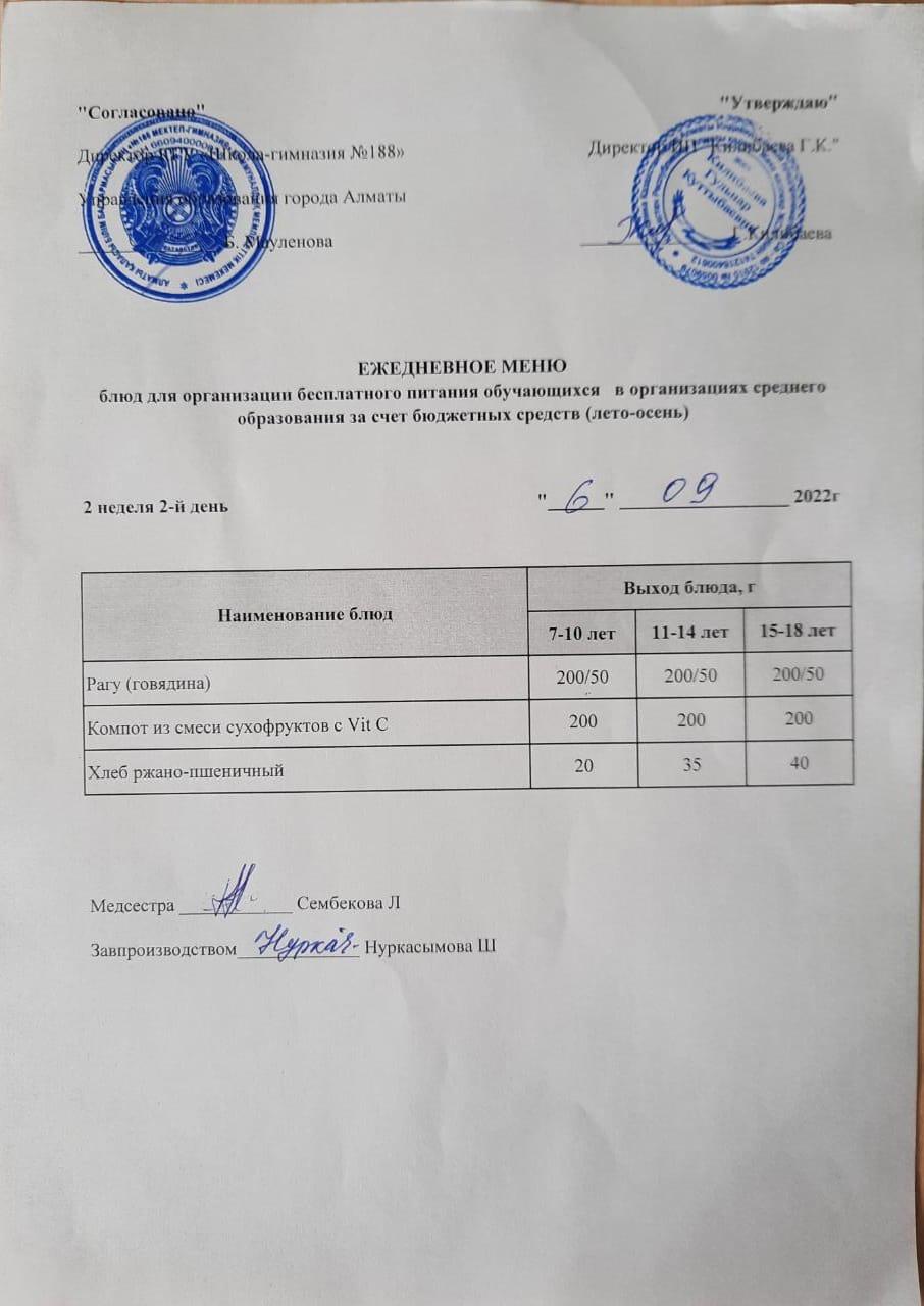 Күнделікті меню 06.09.2022