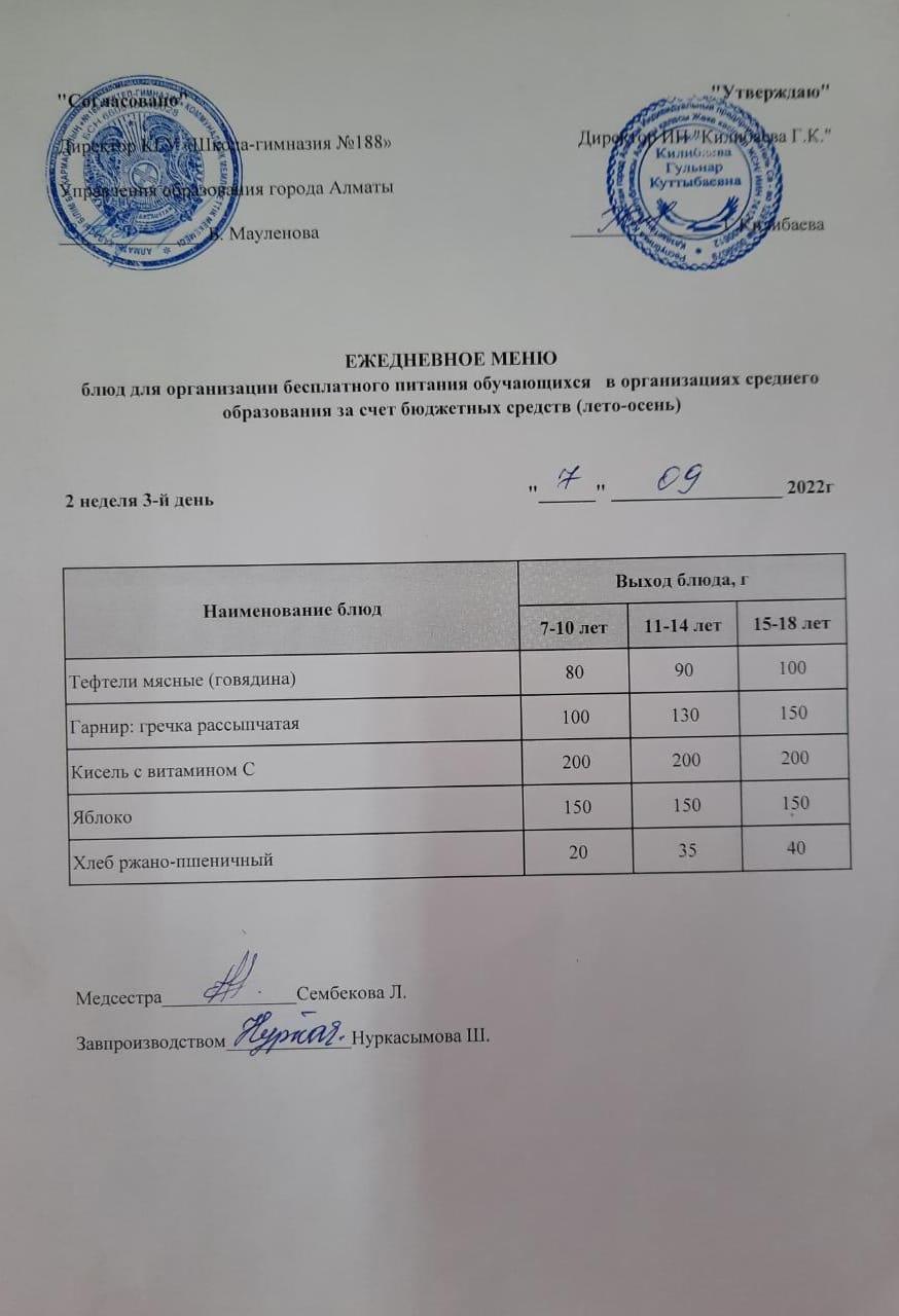 Күнделікті меню 07.09.2022