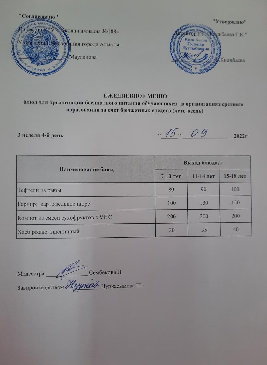 Күнделікті меню 15.09.2022