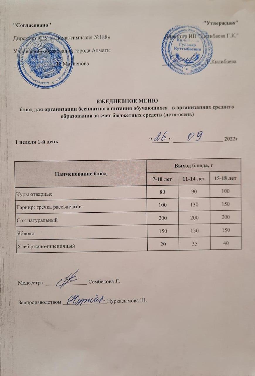 Күнделікті меню 26.09.2022