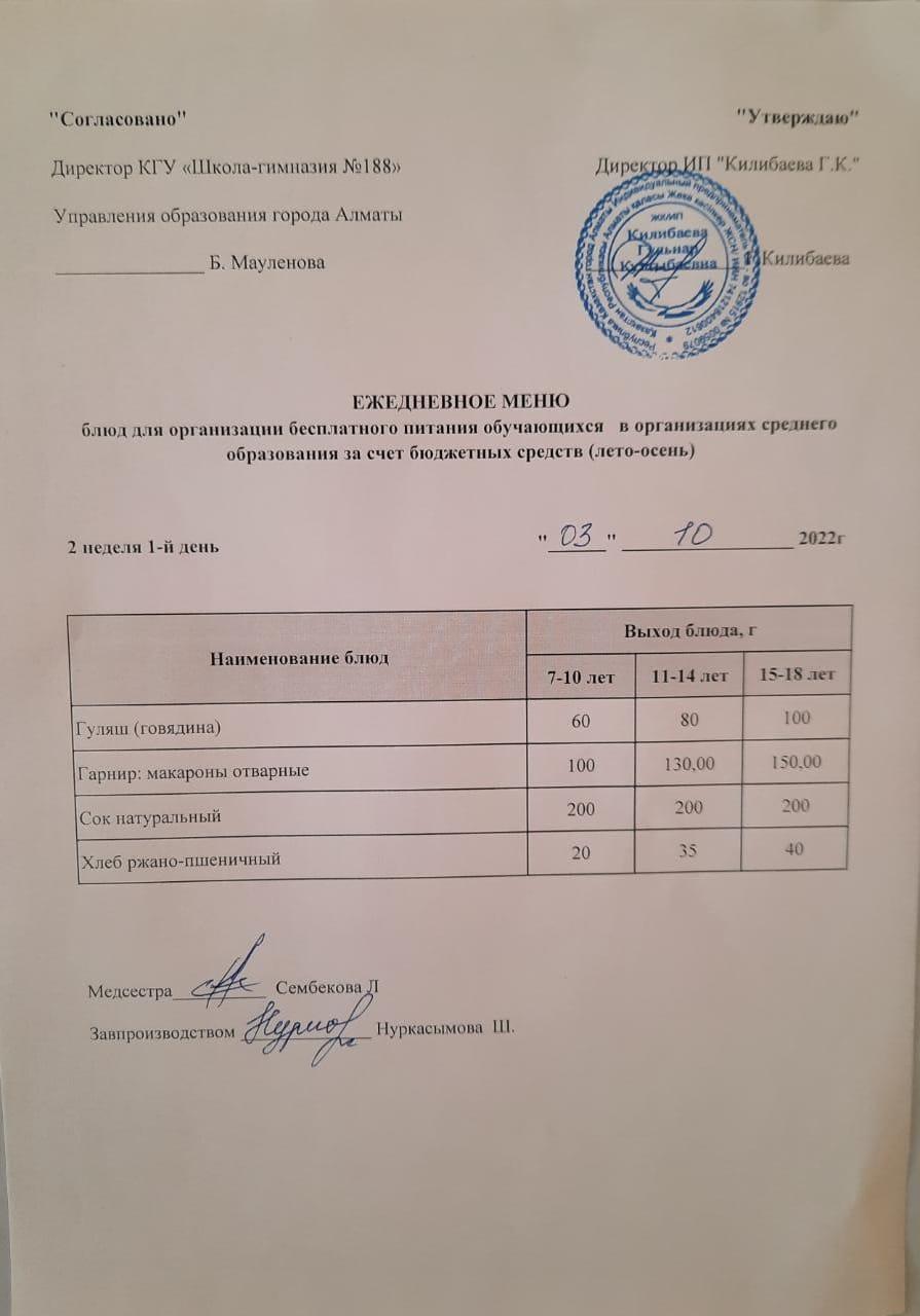 Күнделікті меню 03.10.2022