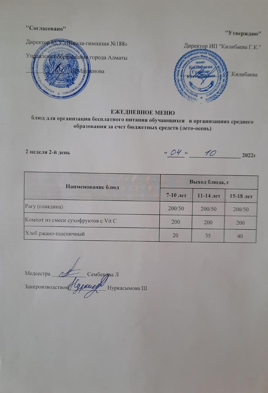 Күнделікті меню 04.10.2022