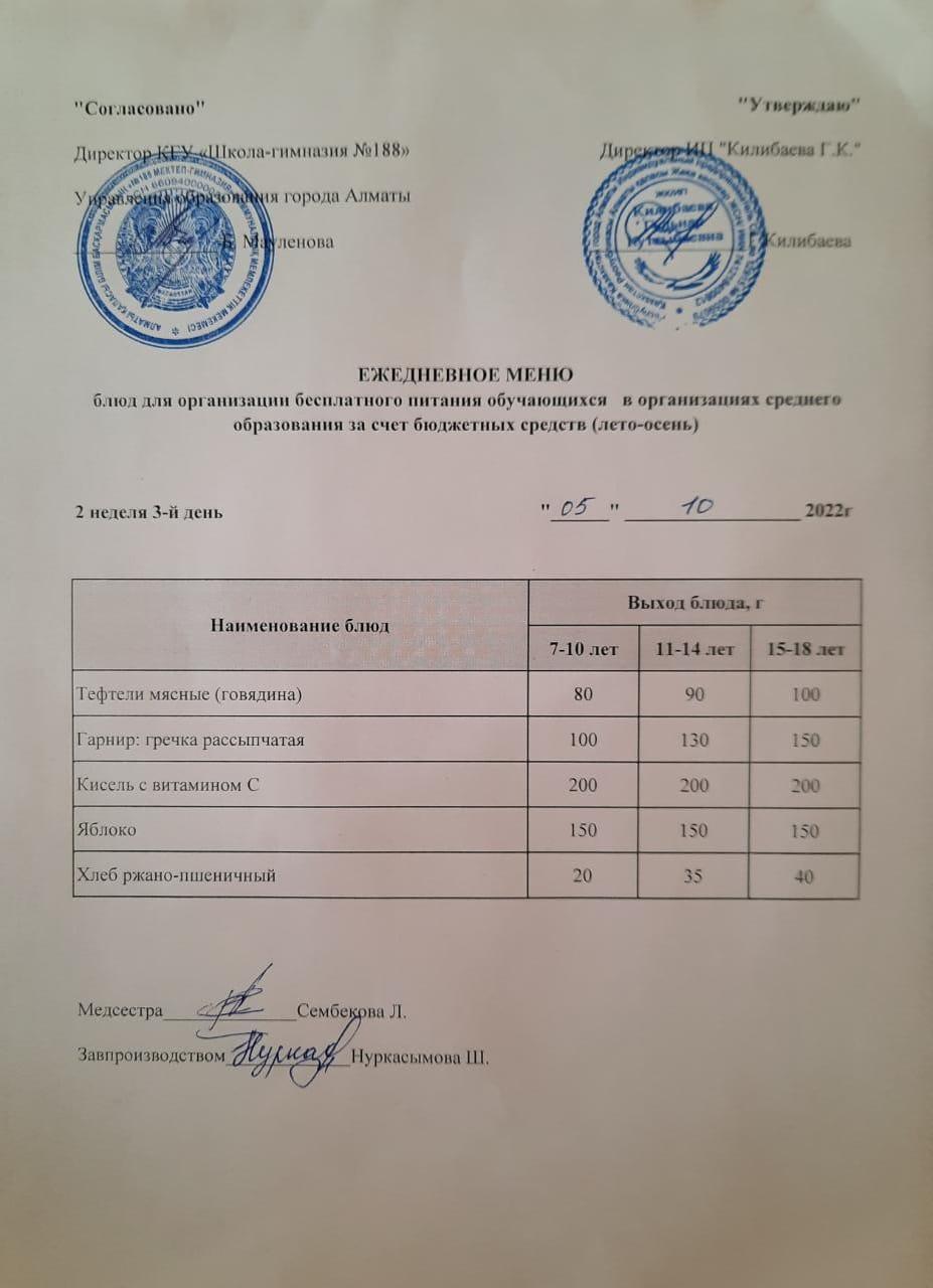 Күнделікті меню 05.10.2022