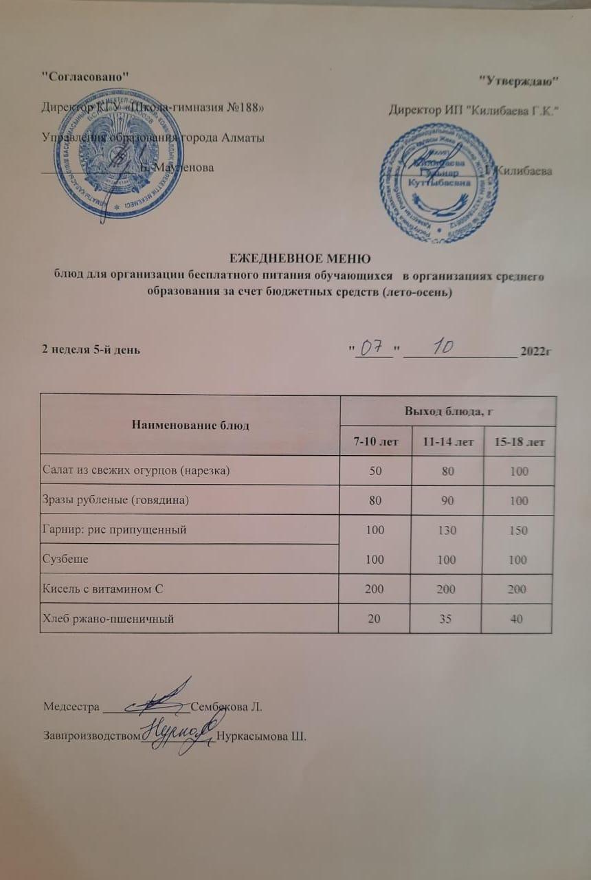 Күнделікті меню 07.10.2022ж