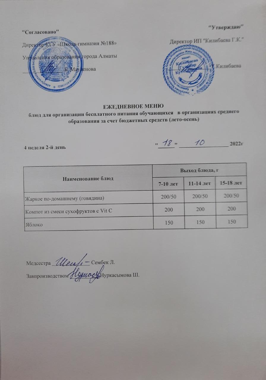 Күнделікті меню 18.10.2022