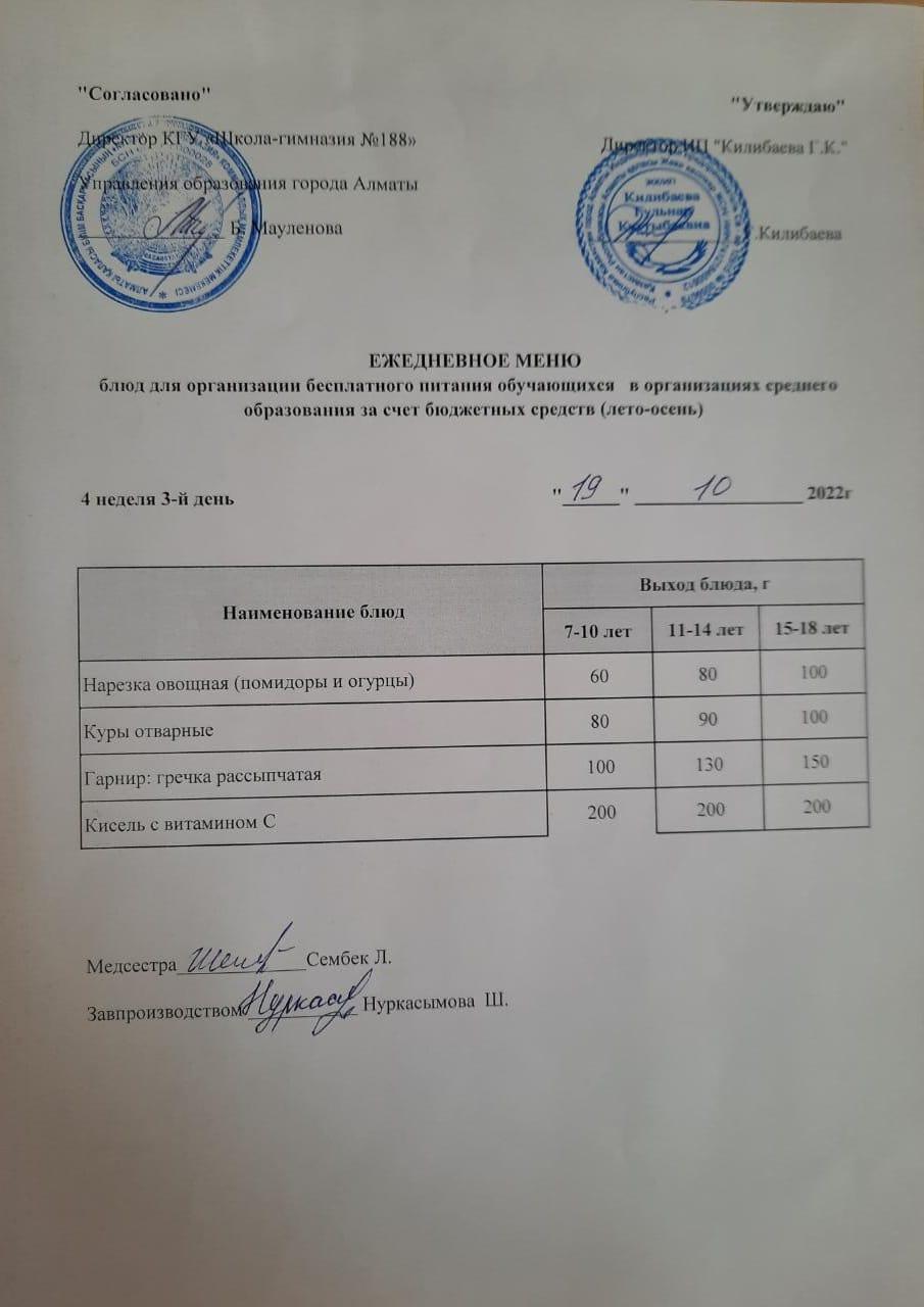 Күнделікті меню 19.10.2022