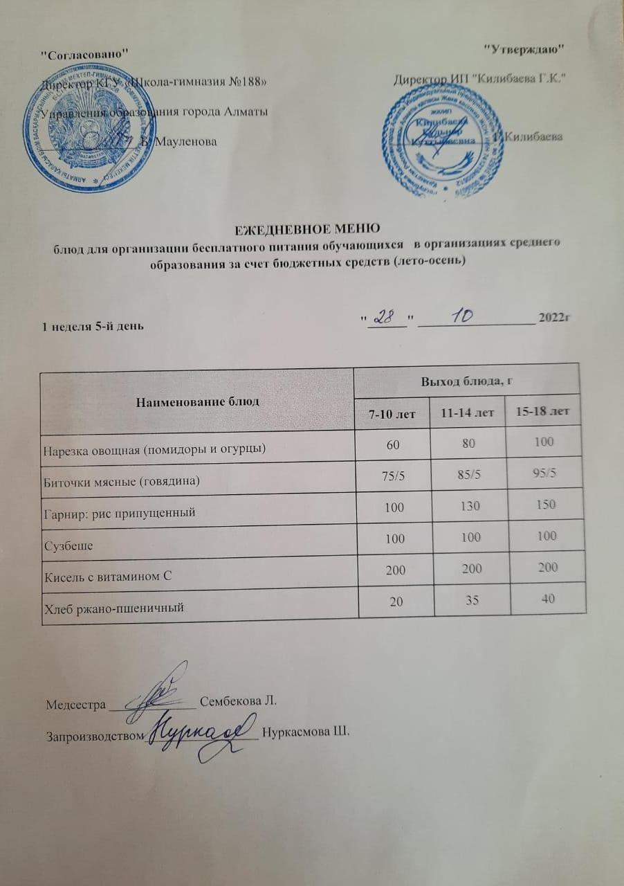 Күнделікті меню 28.10.2022