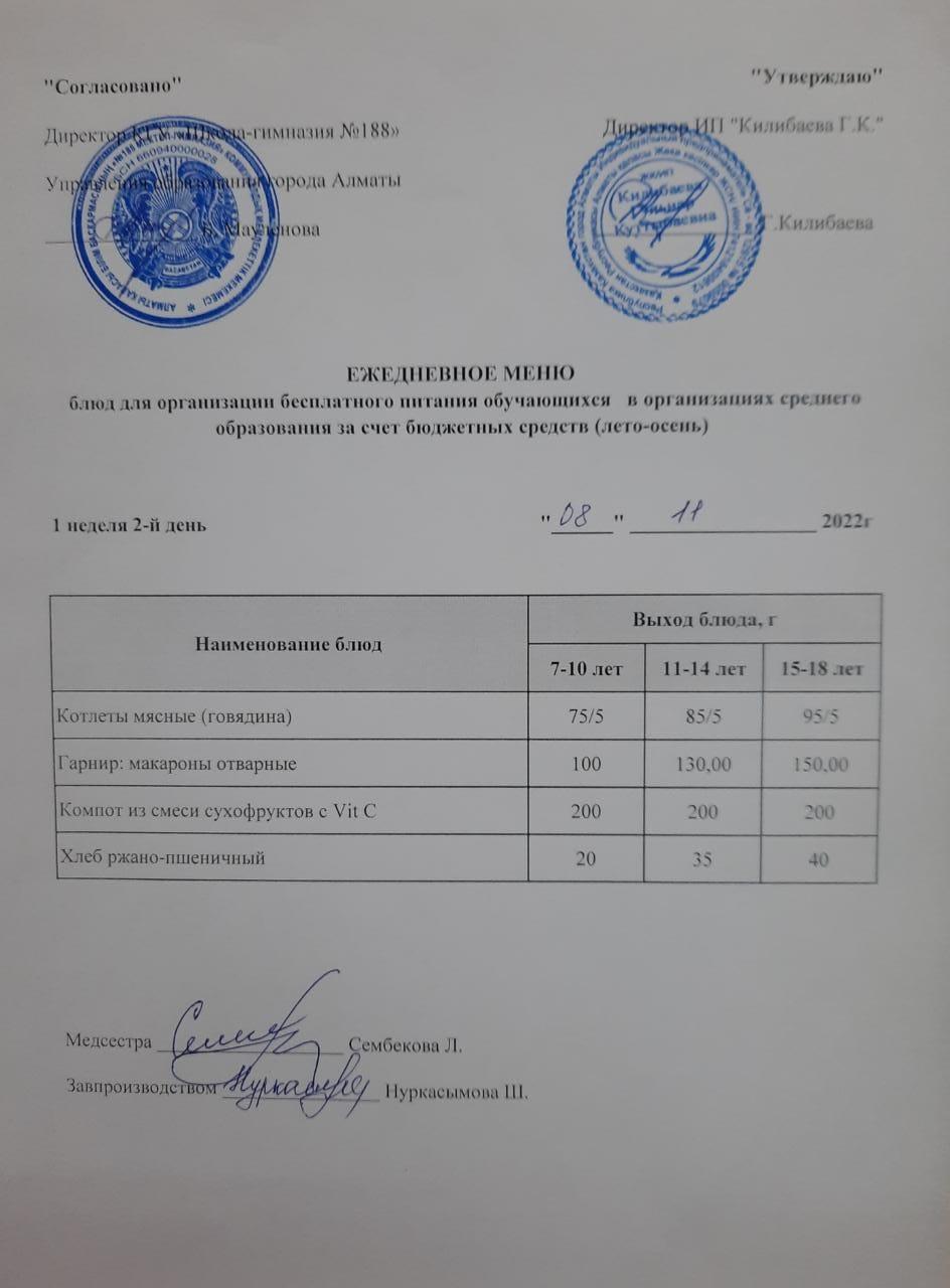 Күнделікті меню 08.11.2022