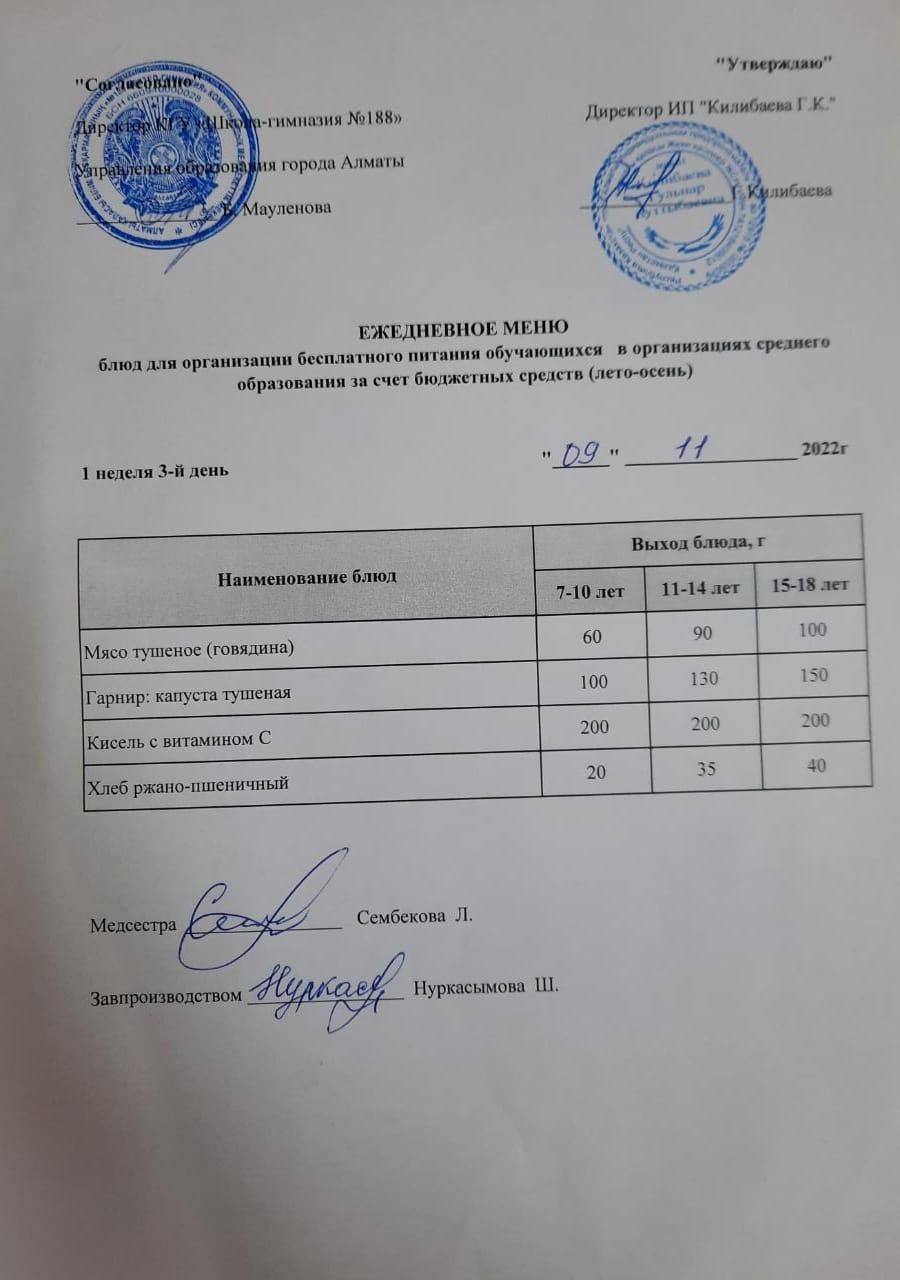 Күнделікті меню 09.11.2022