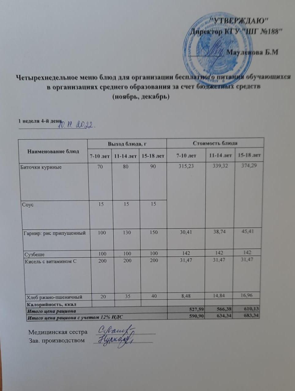 Күнделікті меню 10.11.2022