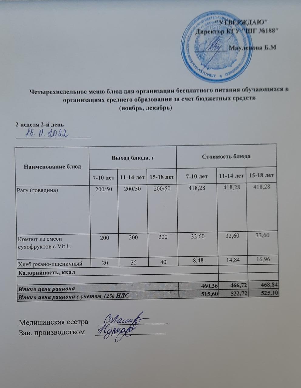 Күнделікті меню 15.11.2022