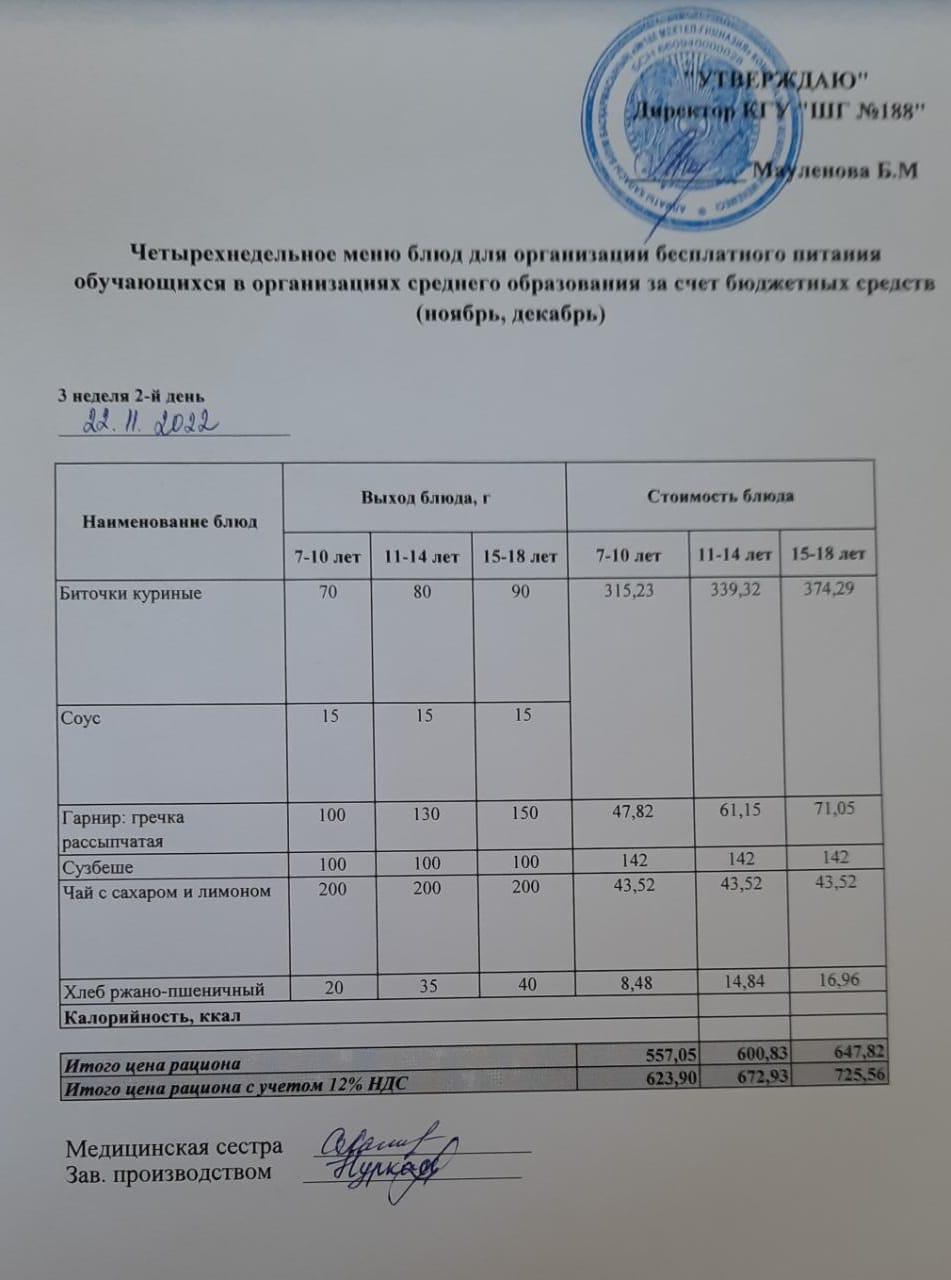 Күнделікті меню 22.11.2022