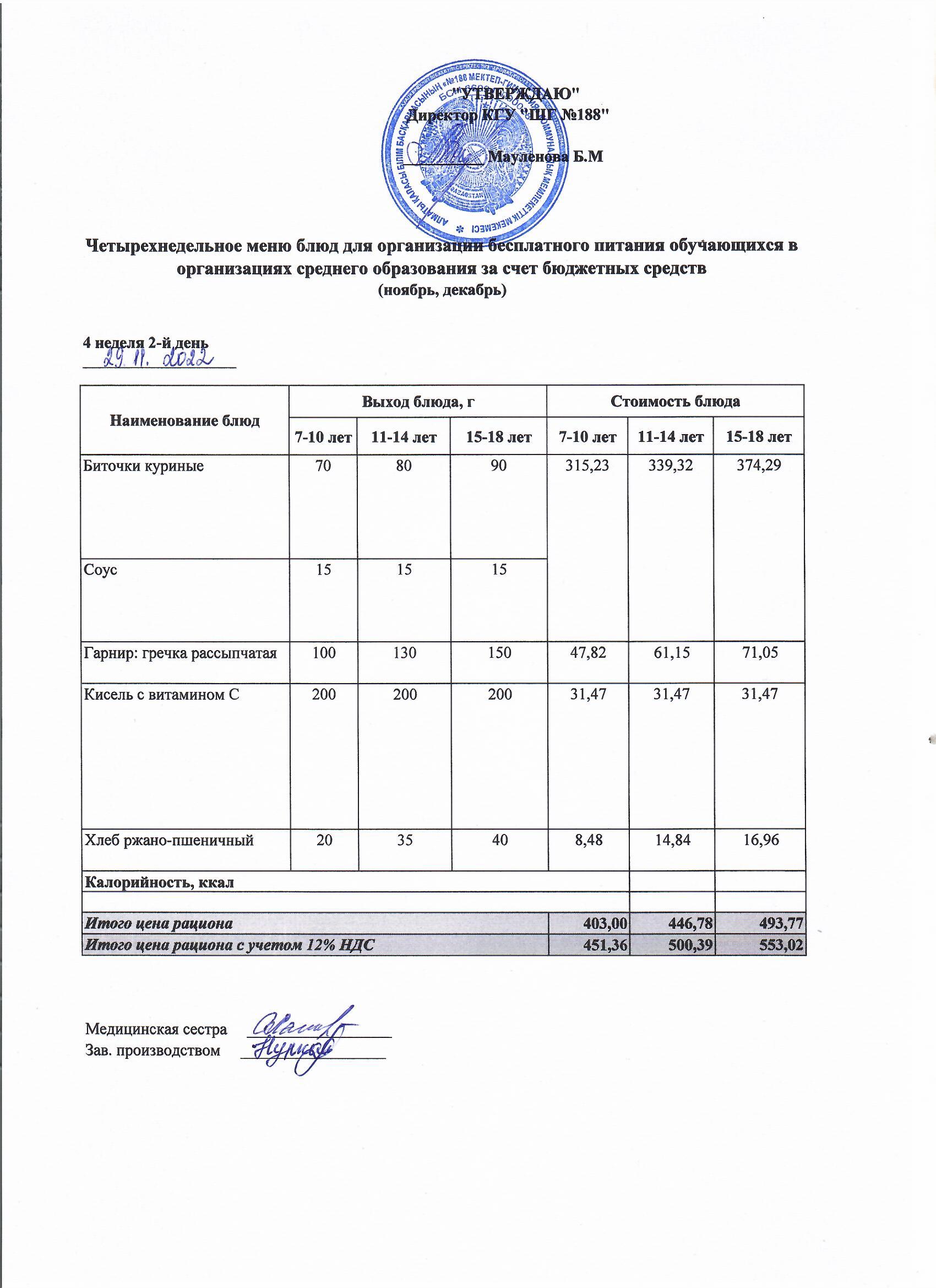 Күнделікті меню 29.11.2022
