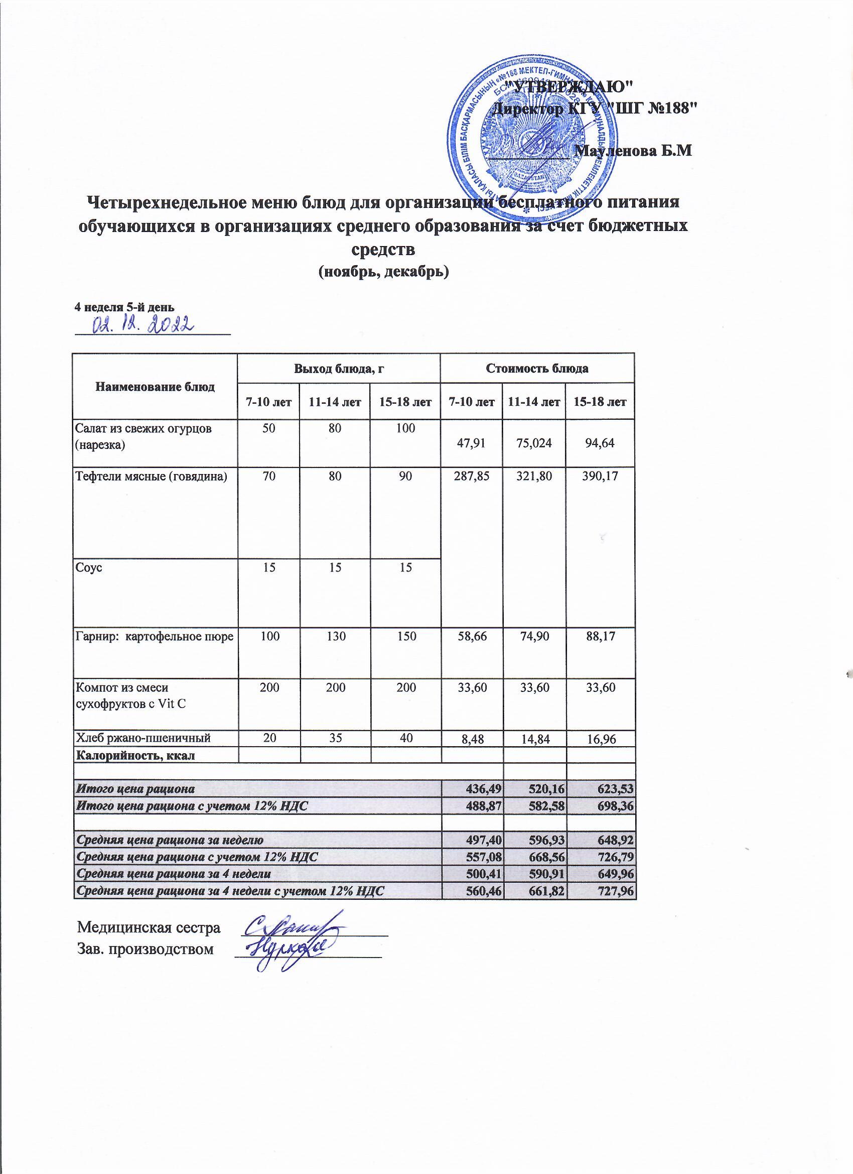 Күнделікті меню 02.12.2022