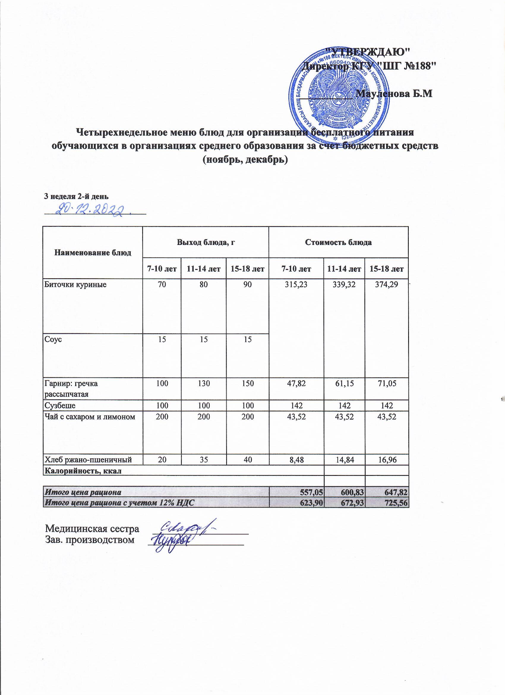 Күнделікті меню 20.12.2022