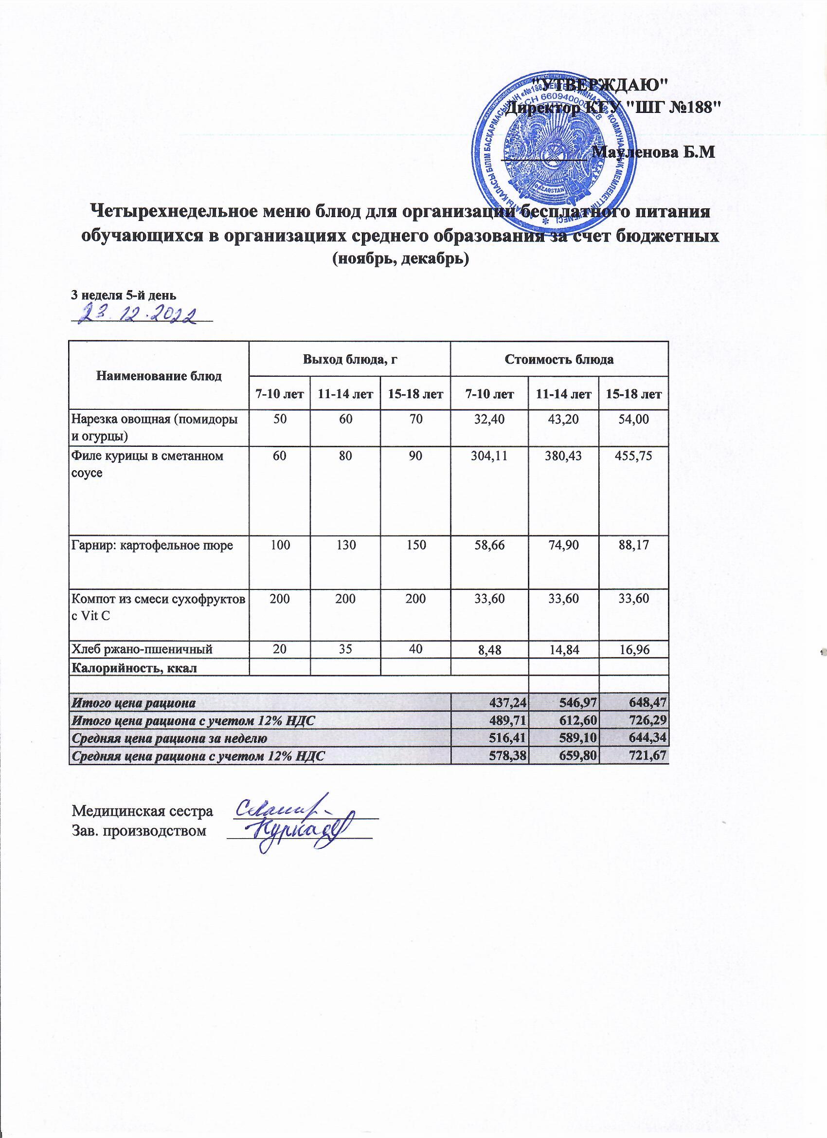Күнделікті меню 23.12.2022