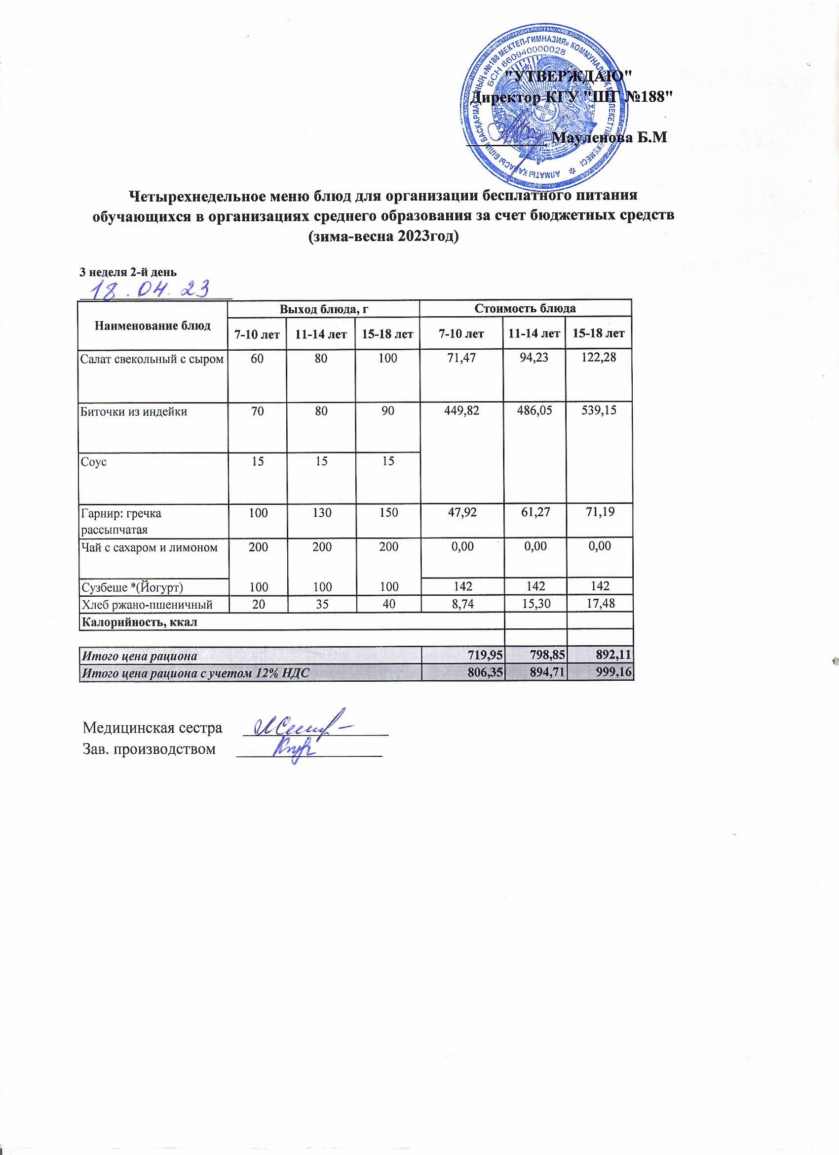 Күнделікті меню 18.04.2023