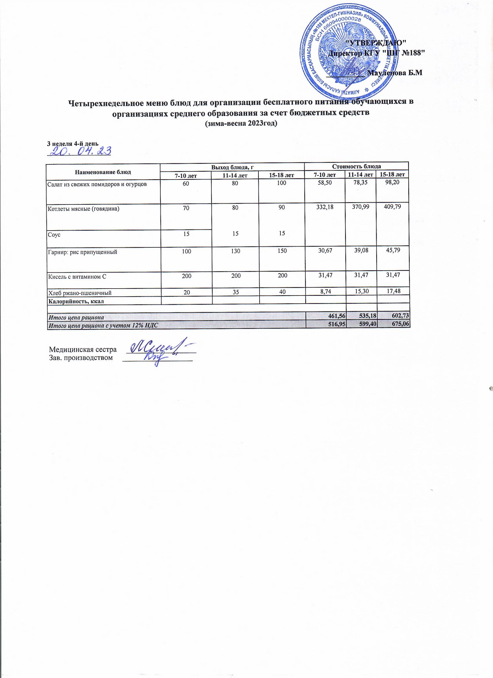 Күнделікті меню 20.04.2023