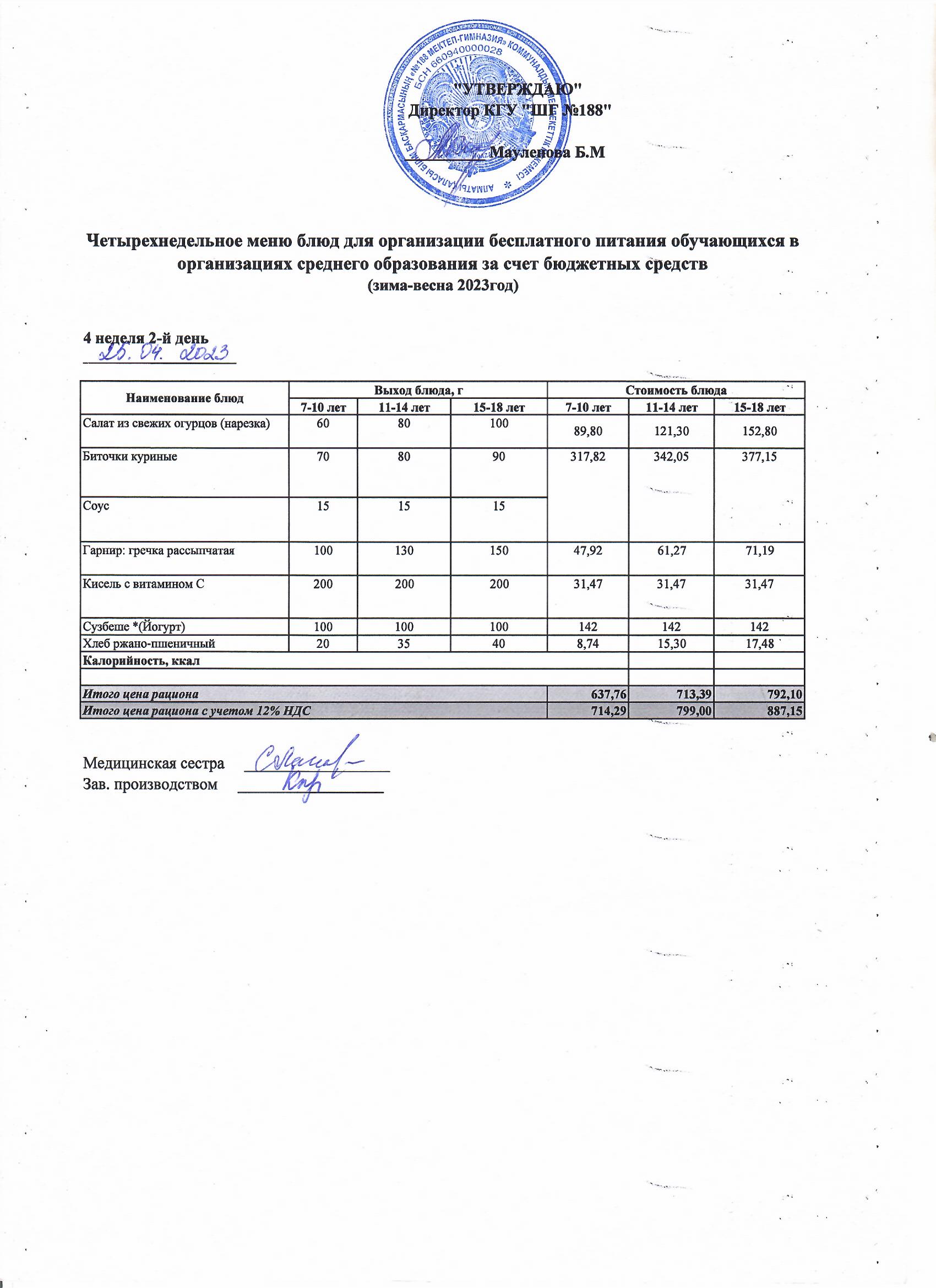 Күнделікті меню 25.04.2023