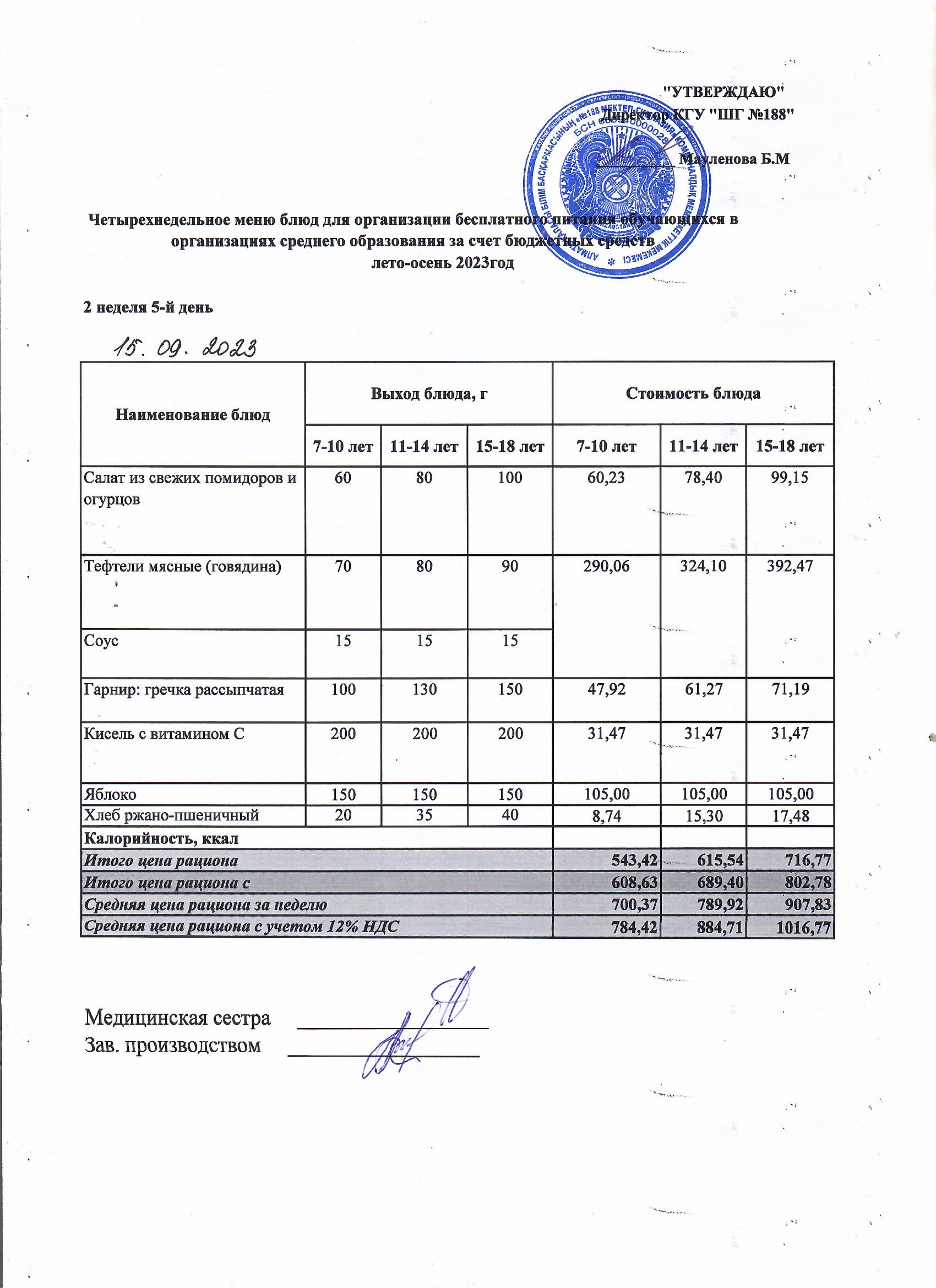 Күнделікті меню 15.09.2023