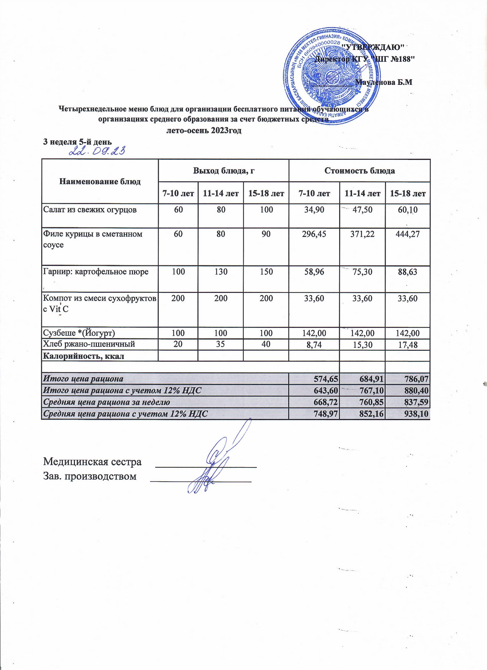 Күнделікті меню 22.09.2023
