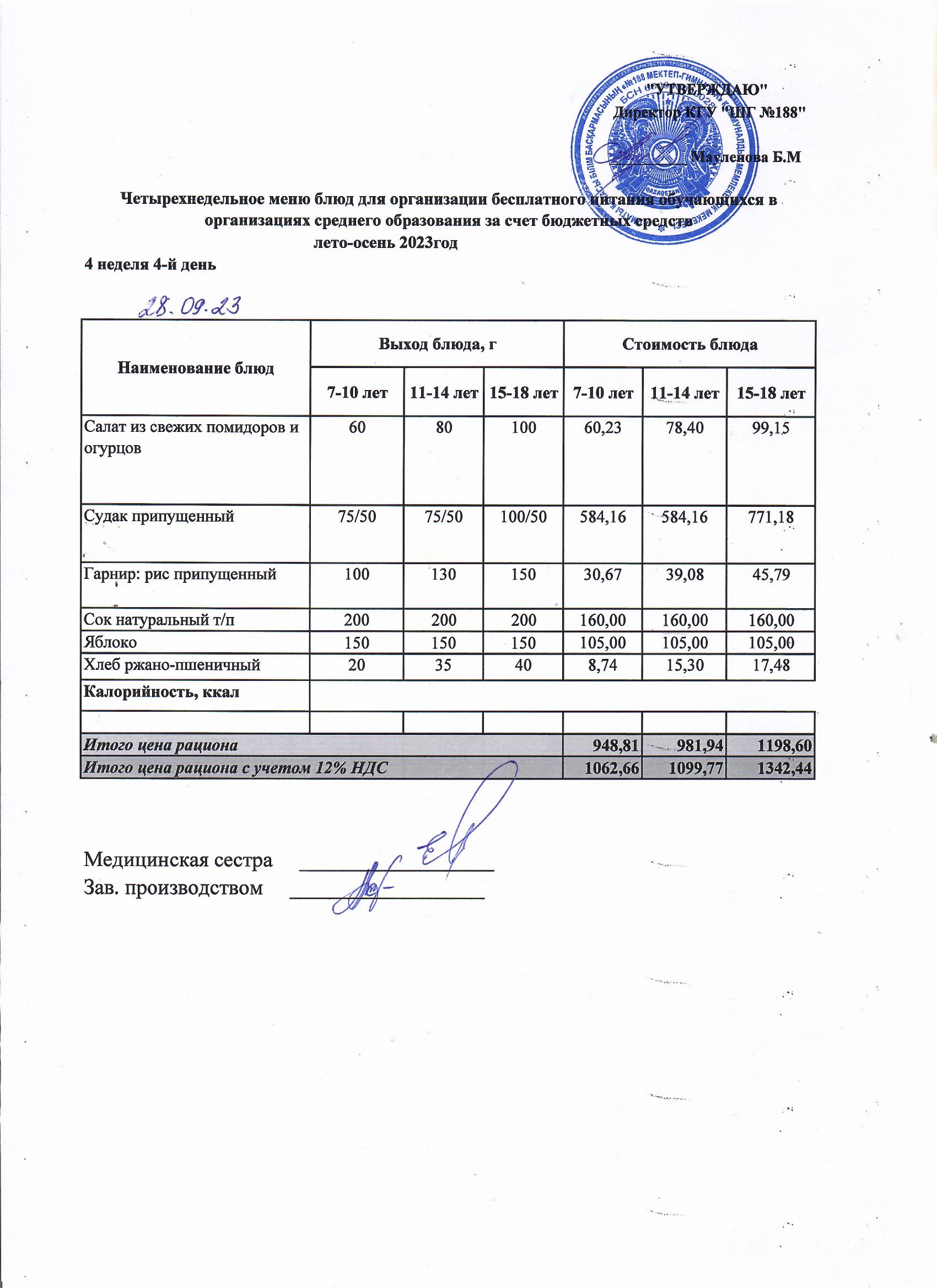 Күнделікті меню 28.09.2023