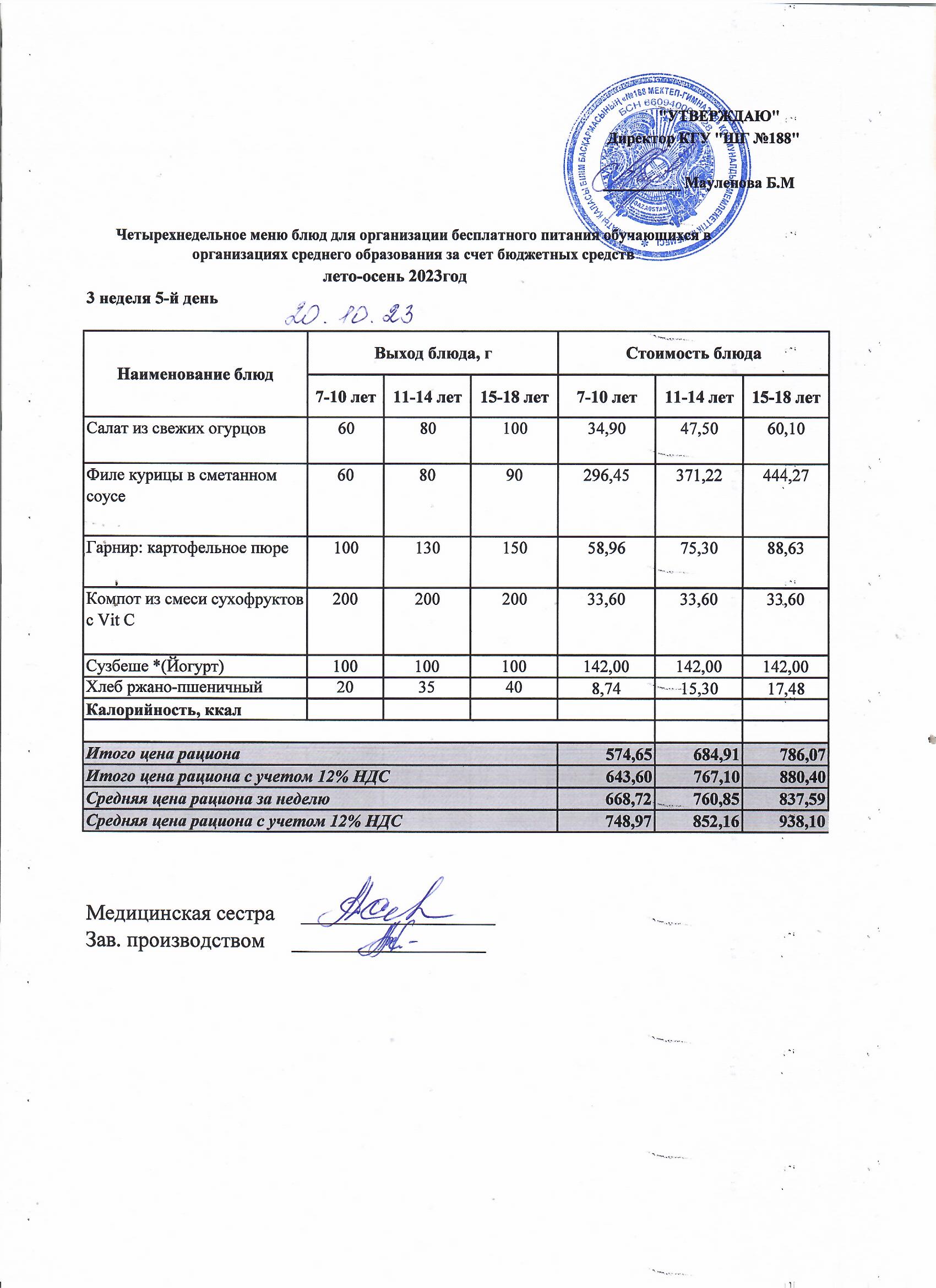 Күнделікті меню 20.10.2023