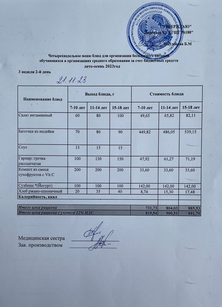 Күнделікті меню 21.11.2023