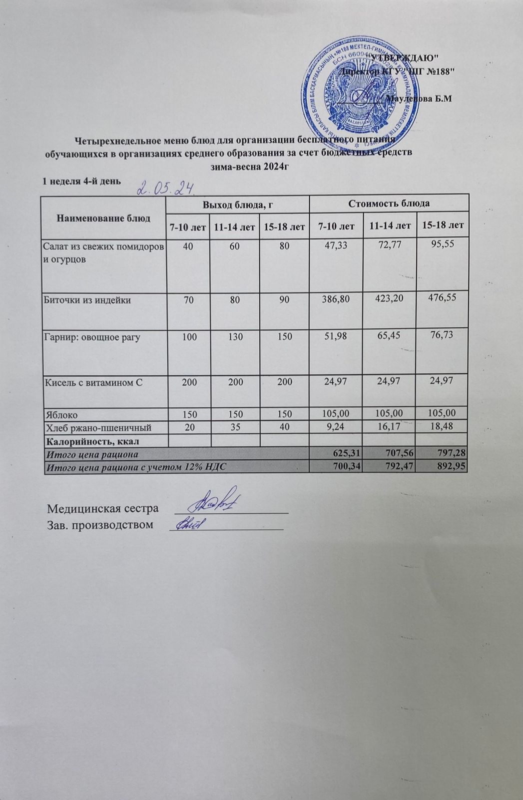 Күнделікті меню 02.05.2024