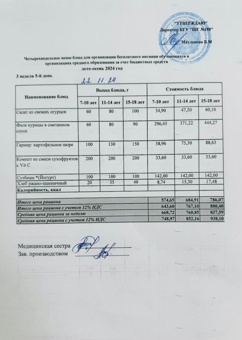 Күнделікті меню 22.11.2024