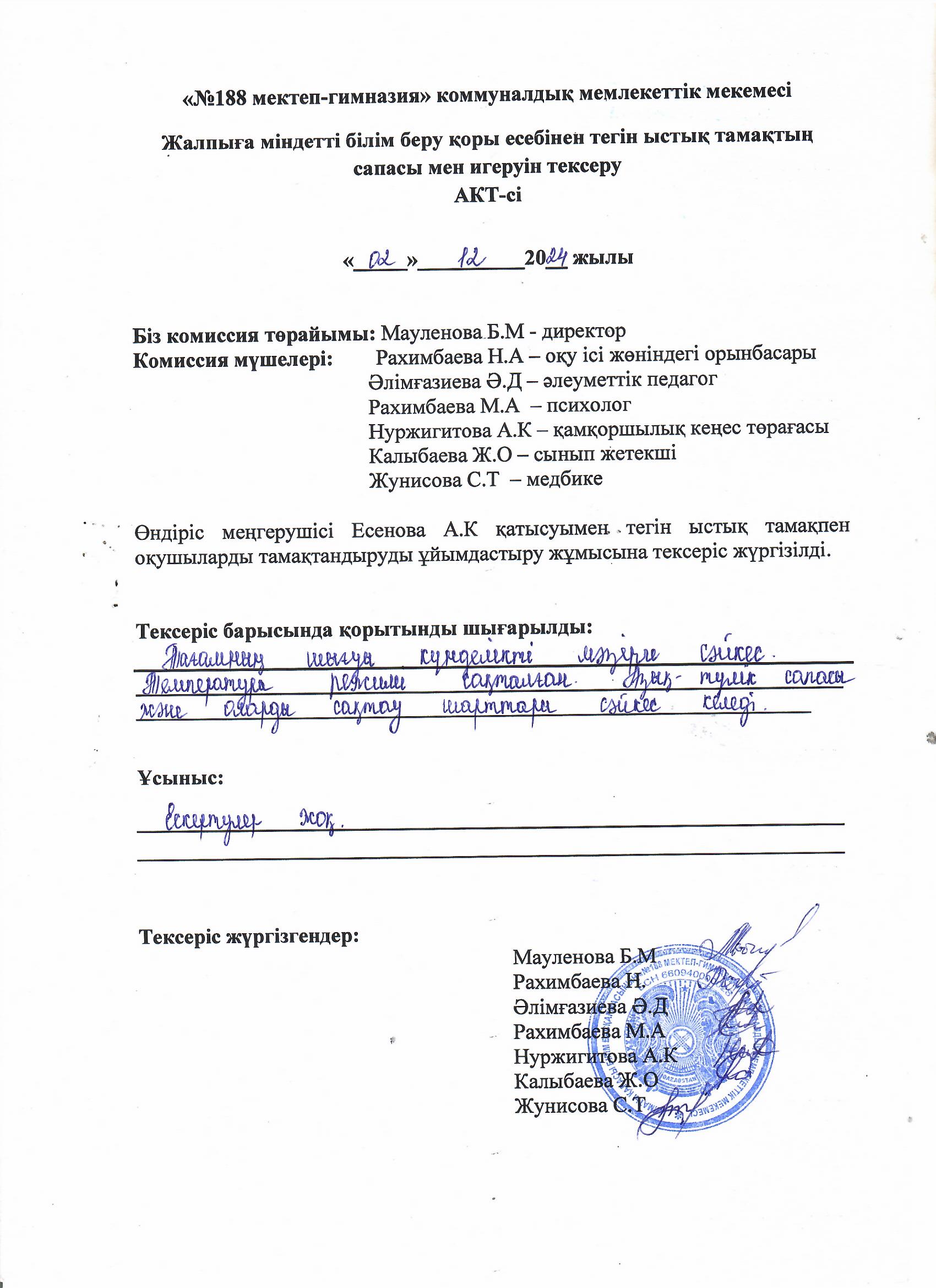 Тамақтың сапасы мен игеруін тексеру АКТ-і желтоқсан айы 2024 жыл