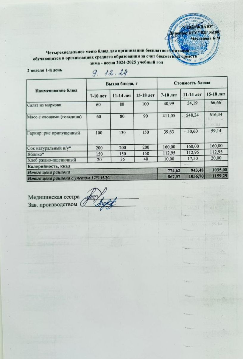 Күнделікті меню 09.12.2024