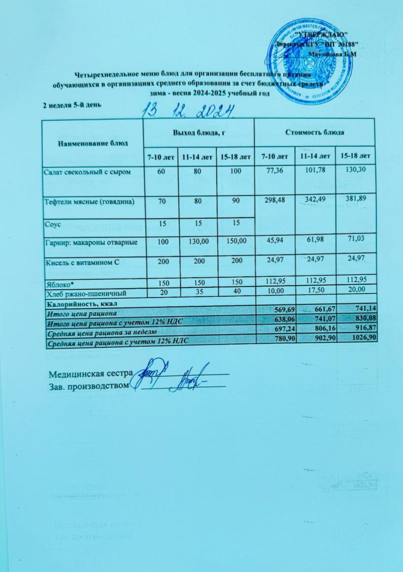 Күнделікті меню 13.12.2024