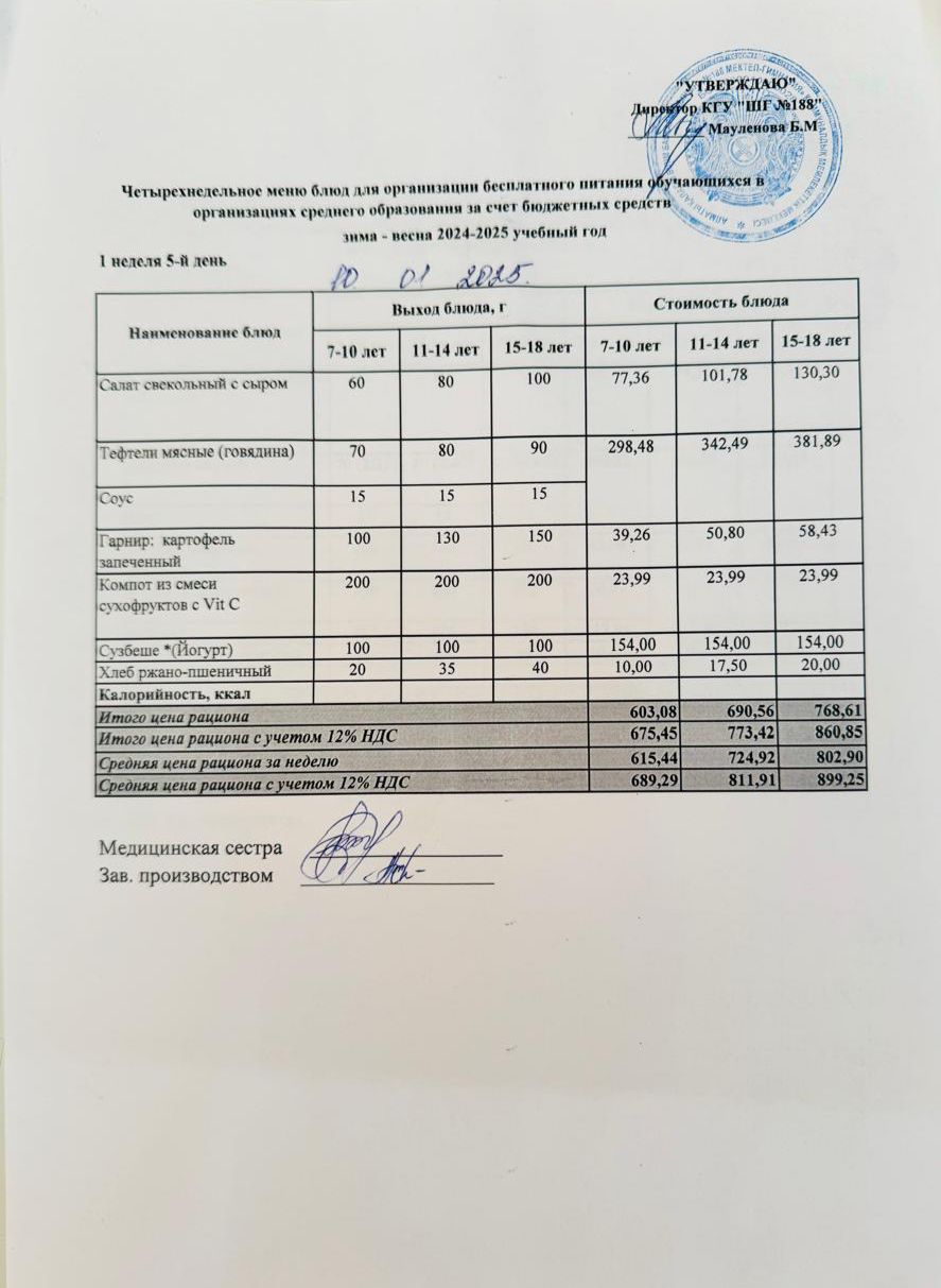 Күнделікті меню 10.01.2025