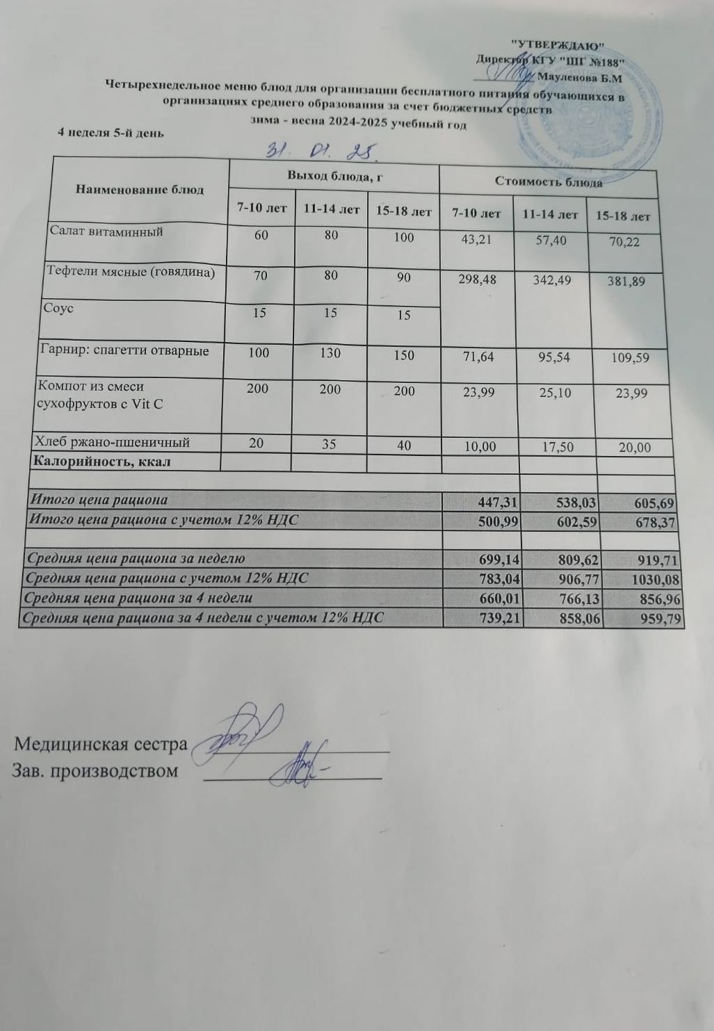 Күнделікті меню 31.01.2025