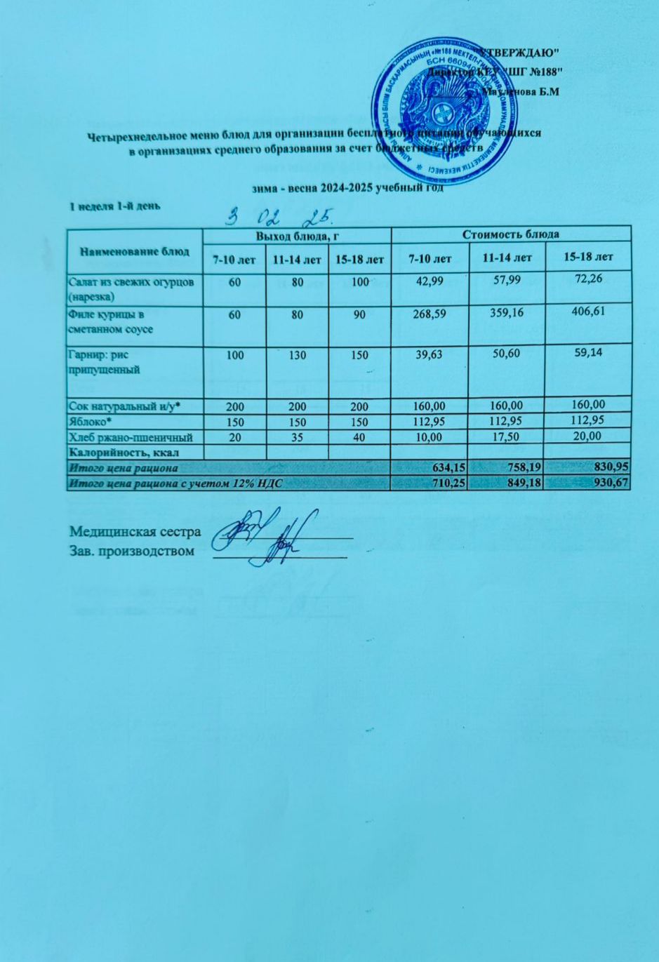күнделікті меню 03.02.2025