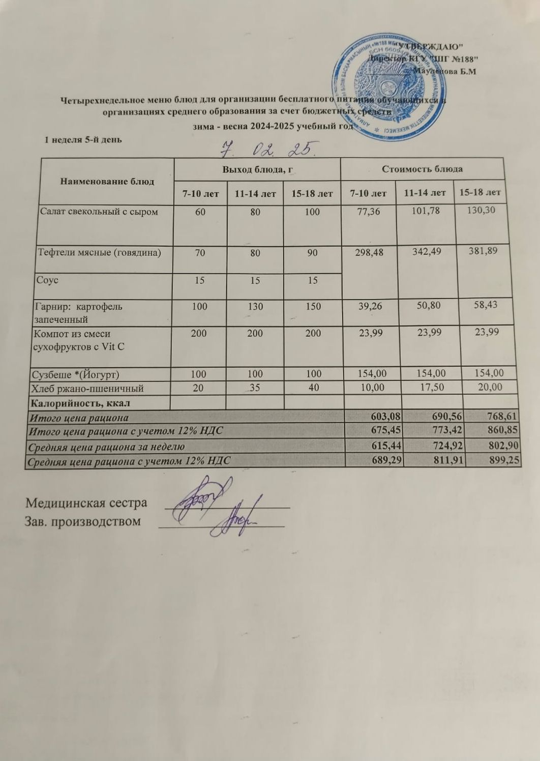 Күнделікті меню 07.02.2025