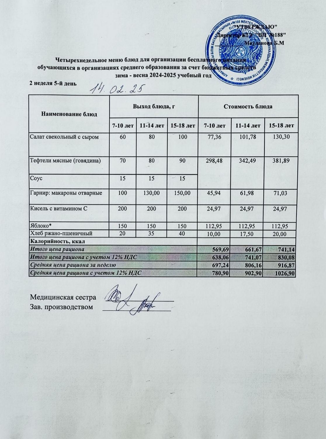 Күнделікті меню 14.02.2025